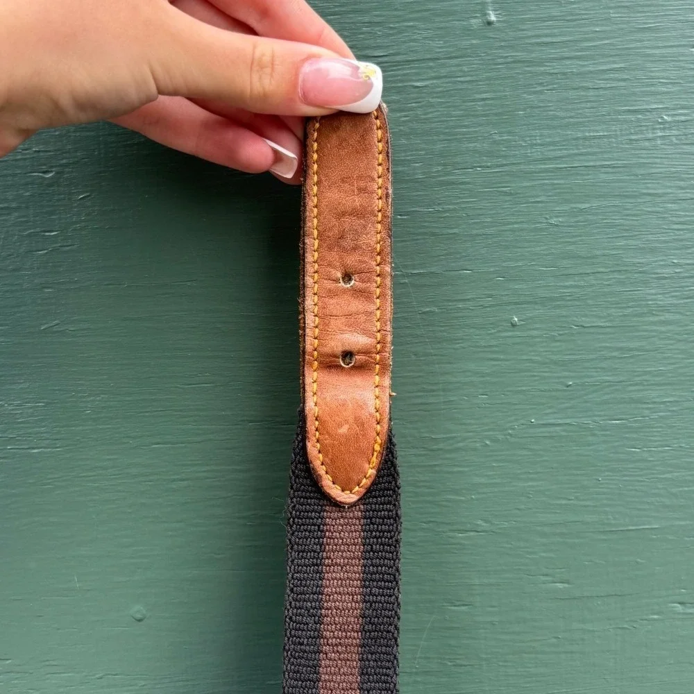 Vintage Brown Black Striped Surcingle Belt Leather Brass Buckle 32-33 Preppy Ivy